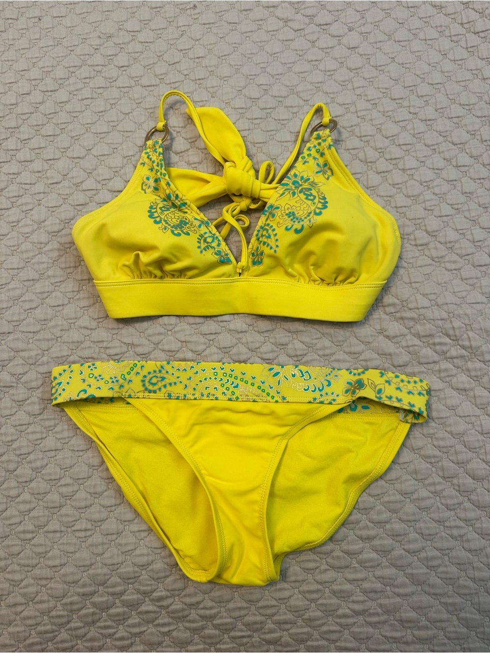 Xhilaration Yellow Bikini Set with Teal Floral Trim
